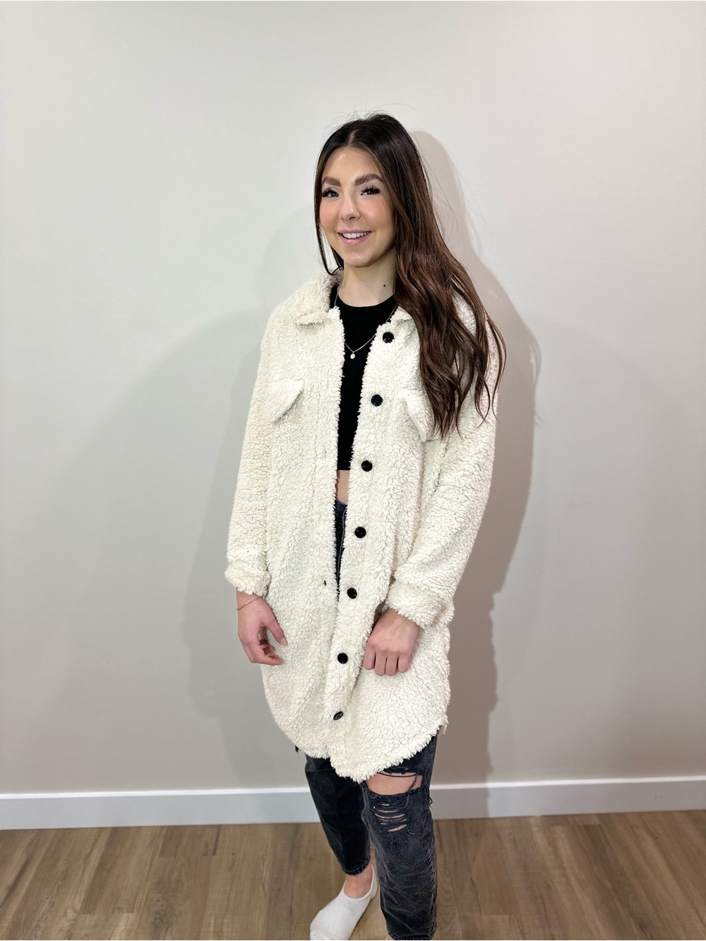 Women's Cream Sherpa Button-Front Coat
